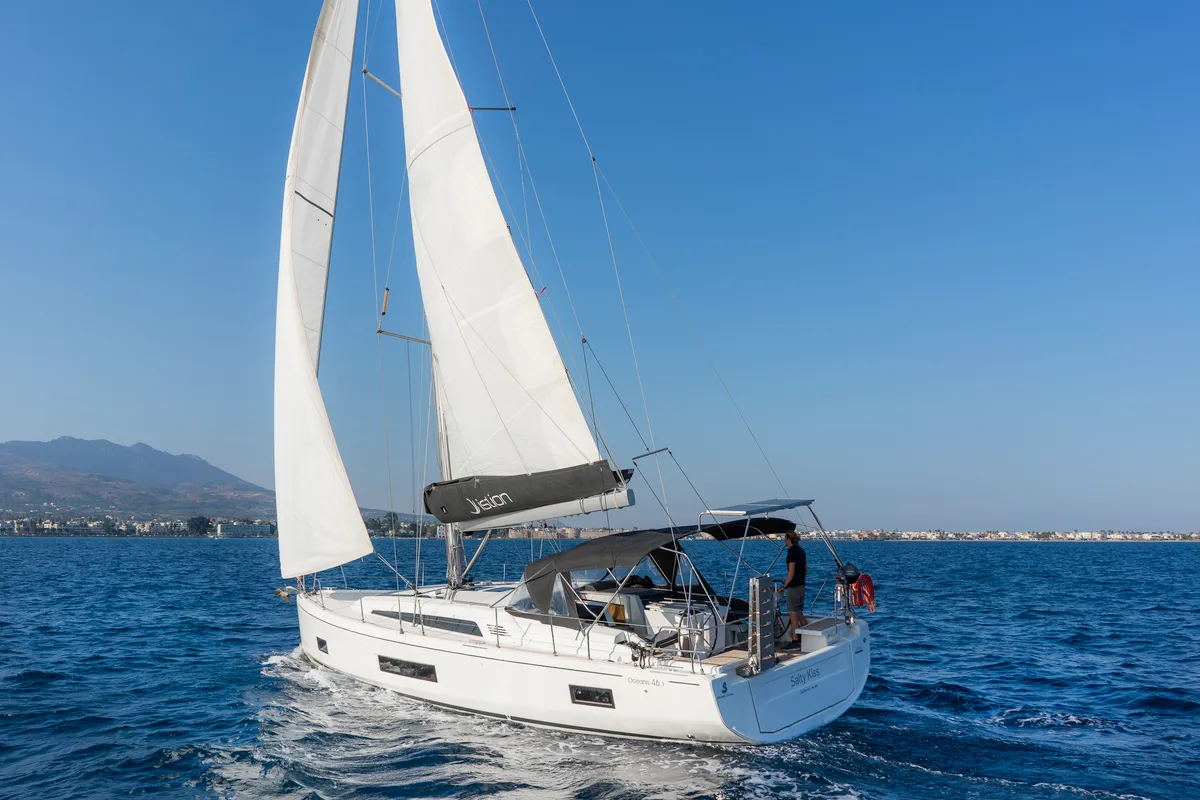 Exterior view of Salty Kiss, a Beneteau Oceanis 46.1 sailboat at Kos, Greece