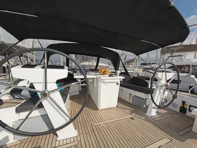 Cockpit of Salty Kiss, a Beneteau Oceanis 46.1 sailboat at Kos, Greece
