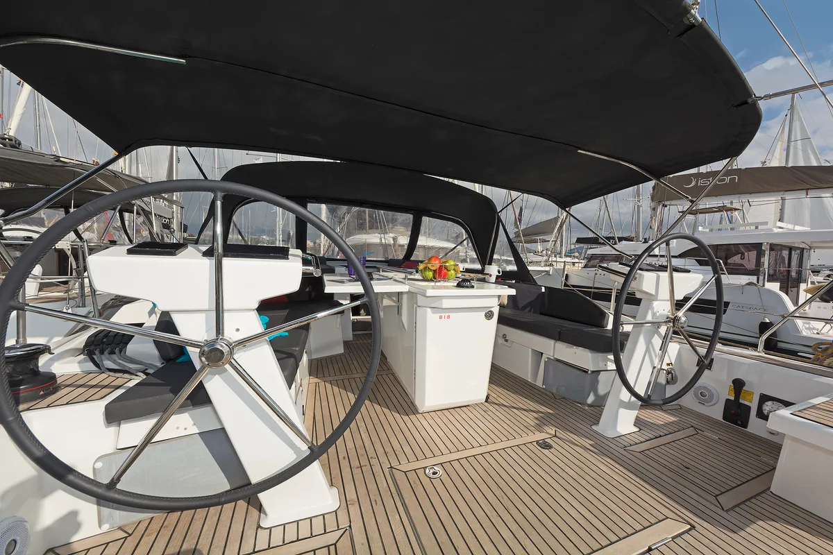 Cockpit of Salty Kiss, a Beneteau Oceanis 46.1 sailboat at Kos, Greece