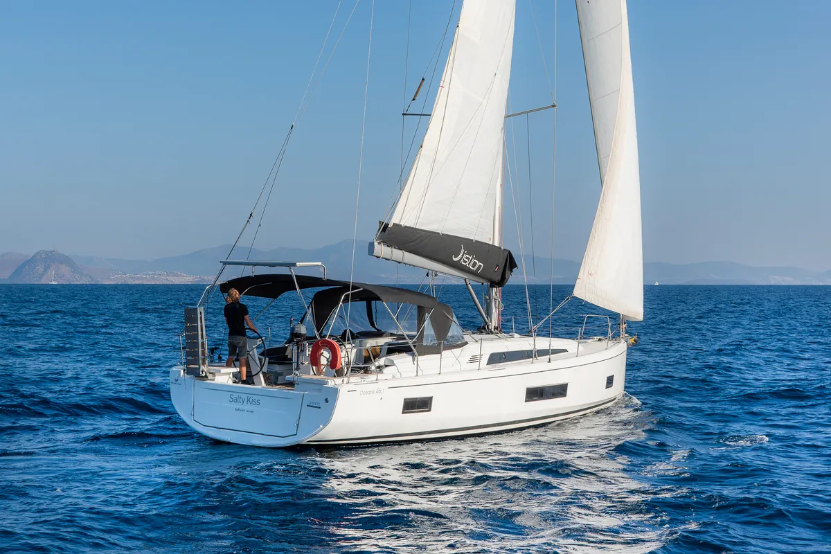 Exterior view of Salty Kiss, a Beneteau Oceanis 46.1 sailboat at Kos, Greece