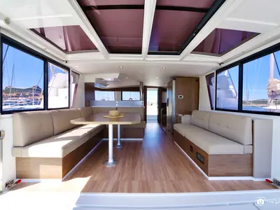 Salon of Orsa2, a Bali 4.6 catamaran at Cannigione, Italy