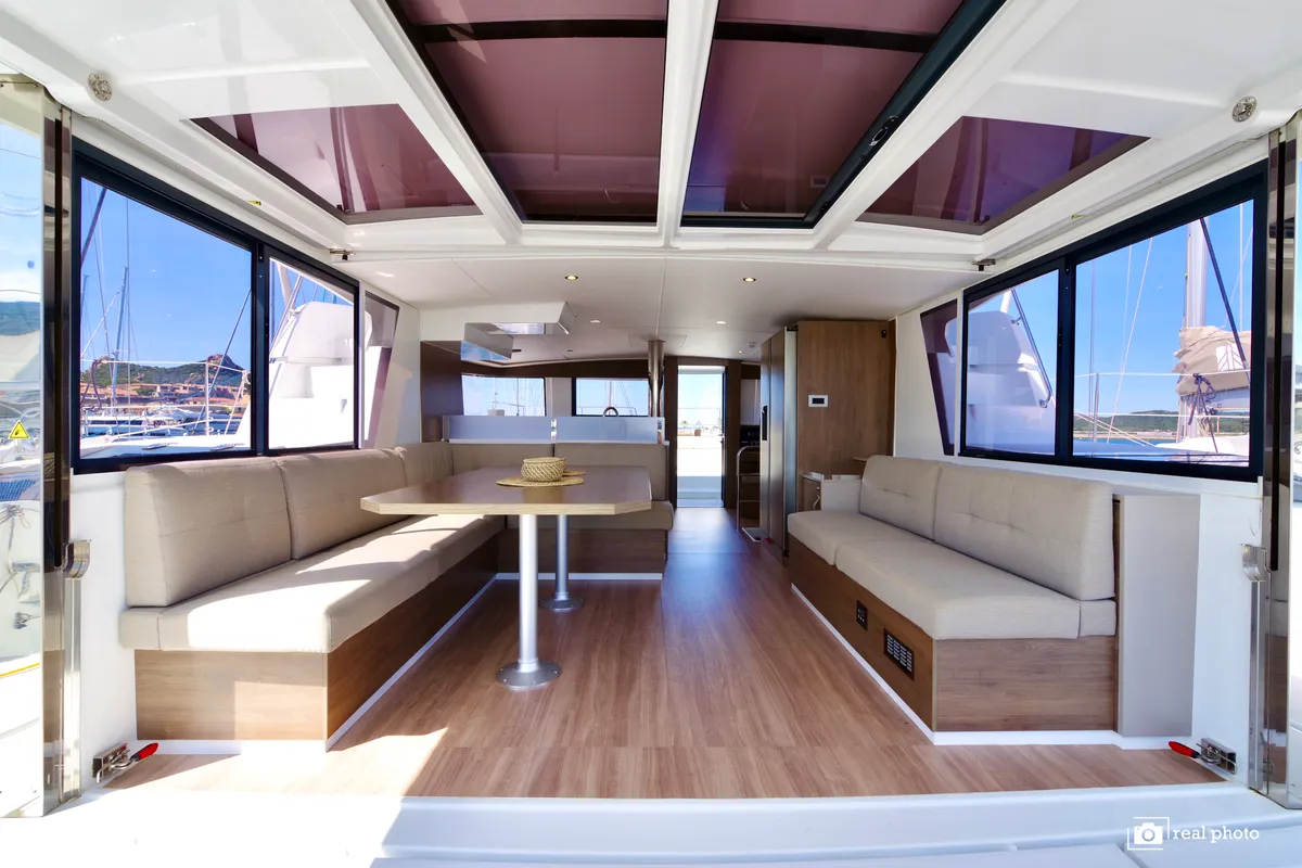 Salon of Orsa2, a Bali 4.6 catamaran at Cannigione, Italy