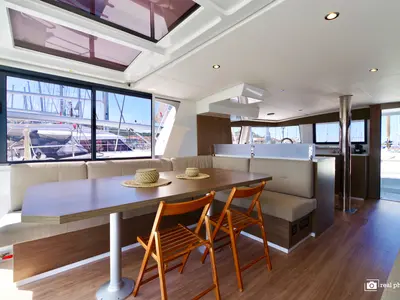 Salon of Orsa2, a Bali 4.6 catamaran at Cannigione, Italy