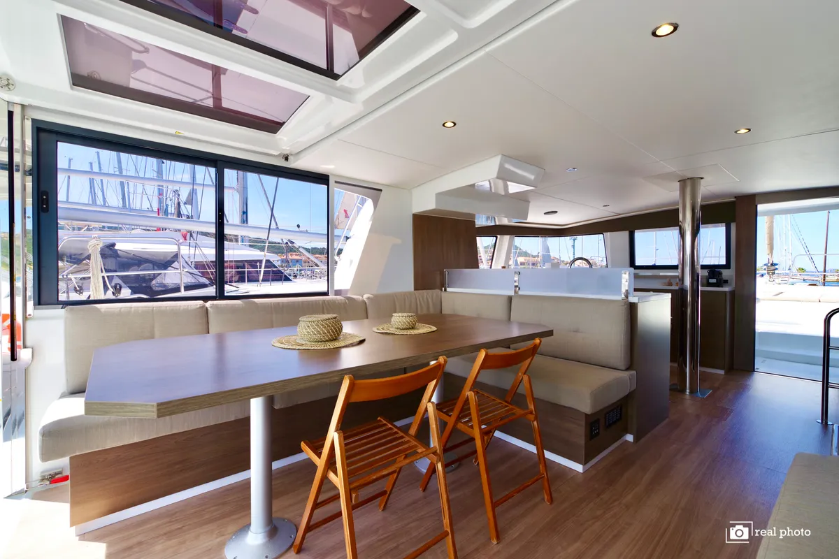 Salon of Orsa2, a Bali 4.6 catamaran at Cannigione, Italy