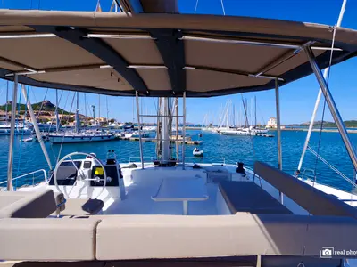 Deck of Orsa2, a Bali 4.6 catamaran at Cannigione, Italy