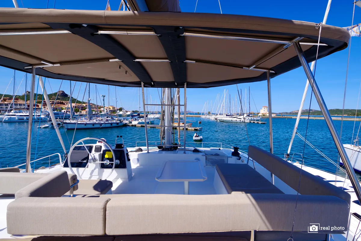 Deck of Orsa2, a Bali 4.6 catamaran at Cannigione, Italy