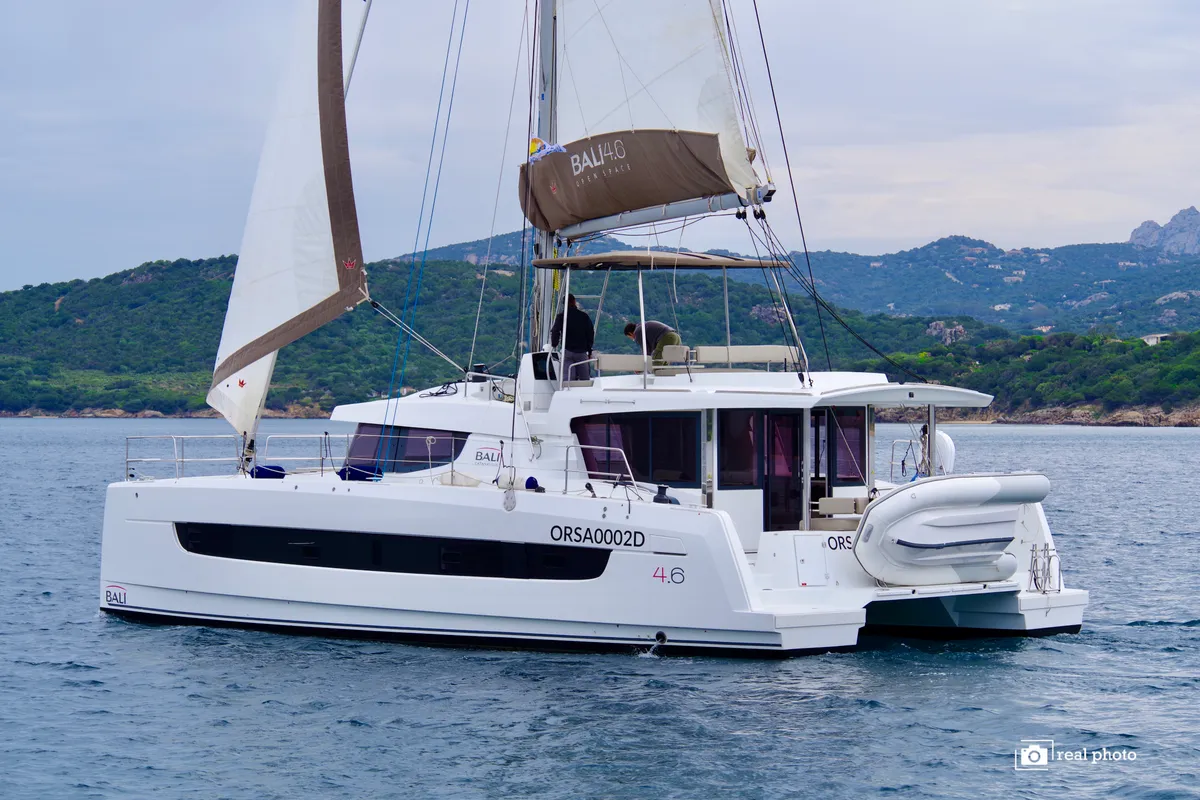 Exterior view of Orsa2, a Bali 4.6 catamaran at Cannigione, Italy