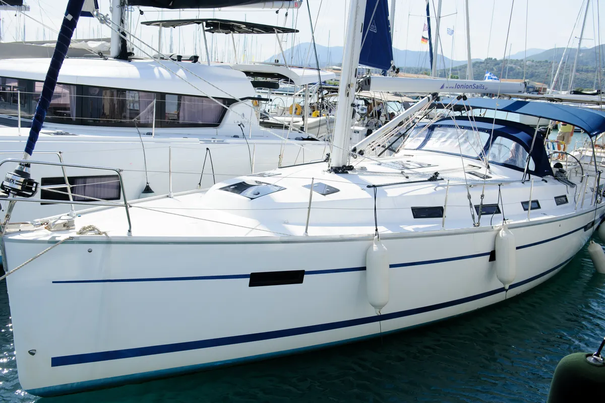 Exterior view of Deneb, a Bavaria 40 Cruiser sailboat at Kavala, Greece