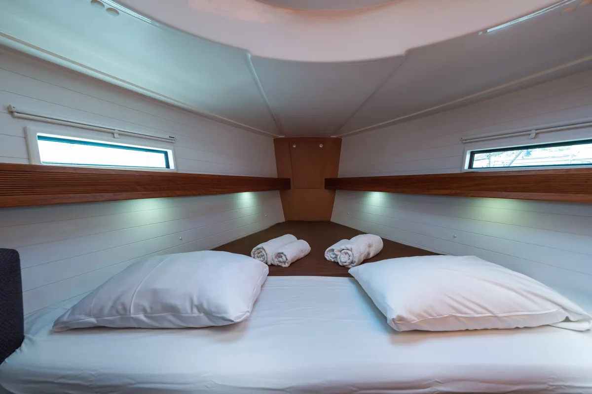 Cabin on Deneb, a Bavaria 40 Cruiser sailboat at Kavala, Greece
