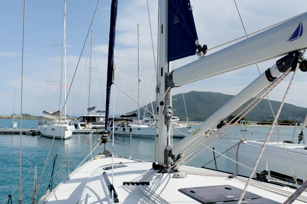 Deck of Deneb, a Bavaria 40 Cruiser sailboat at Kavala, Greece