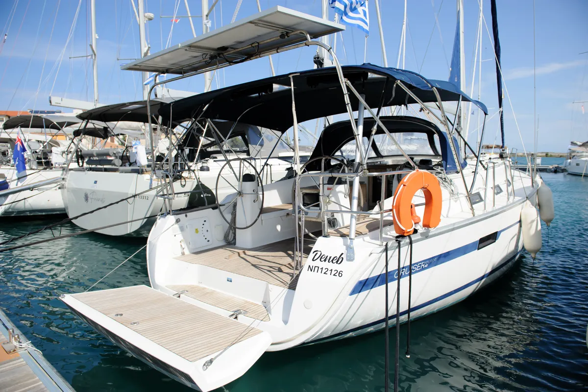 Exterior view of Deneb, a Bavaria 40 Cruiser sailboat at Kavala, Greece