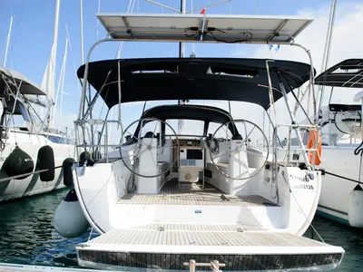 Cockpit of Deneb, a Bavaria 40 Cruiser sailboat at Kavala, Greece