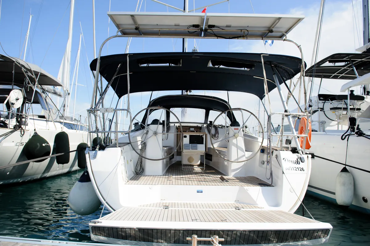 Cockpit of Deneb, a Bavaria 40 Cruiser sailboat at Kavala, Greece