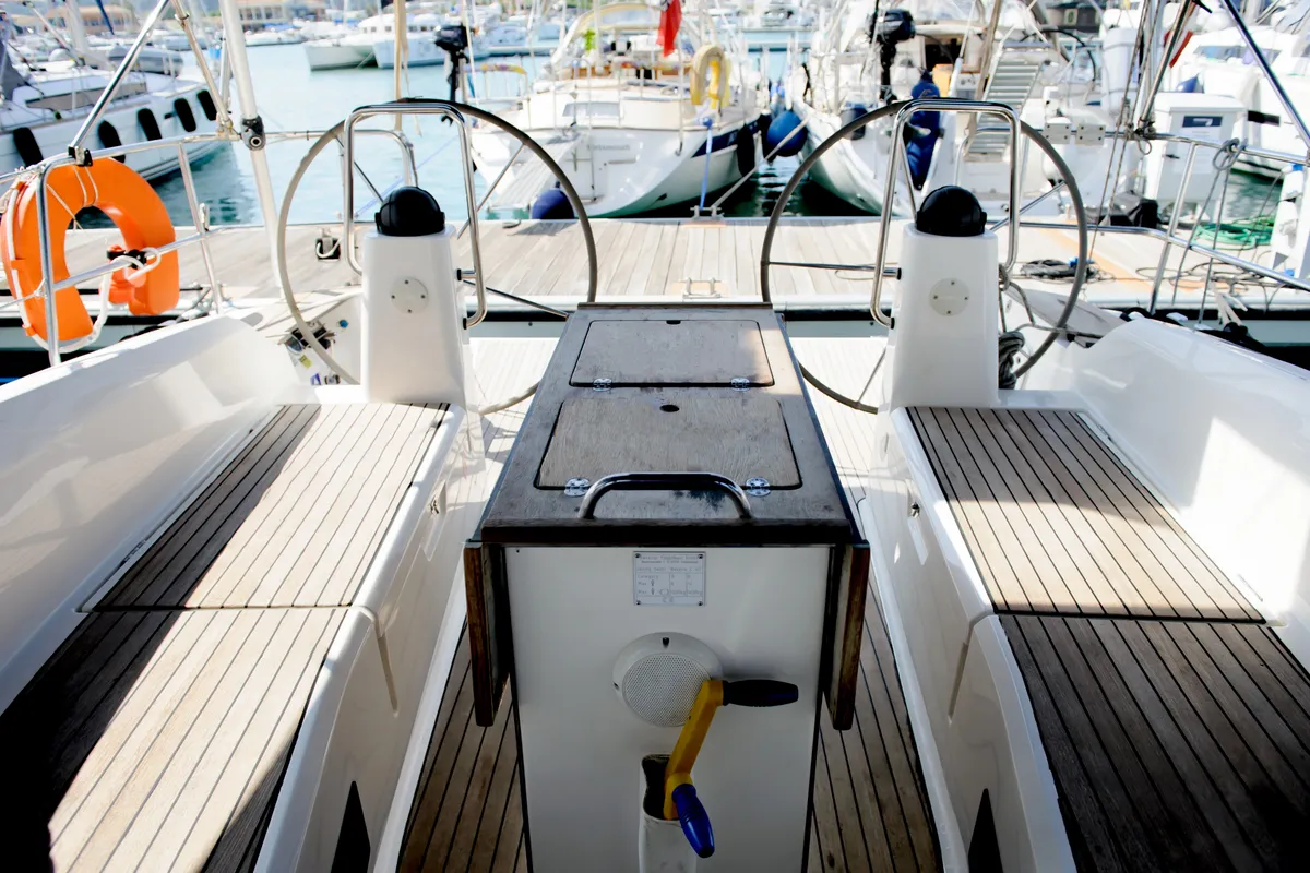 Cockpit of Deneb, a Bavaria 40 Cruiser sailboat at Kavala, Greece