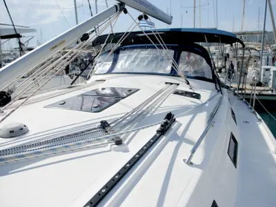 Deck of Deneb, a Bavaria 40 Cruiser sailboat at Kavala, Greece