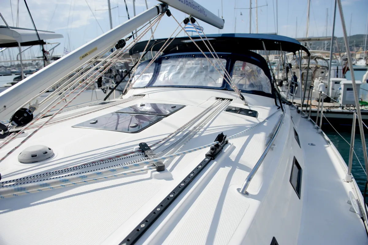 Deck of Deneb, a Bavaria 40 Cruiser sailboat at Kavala, Greece
