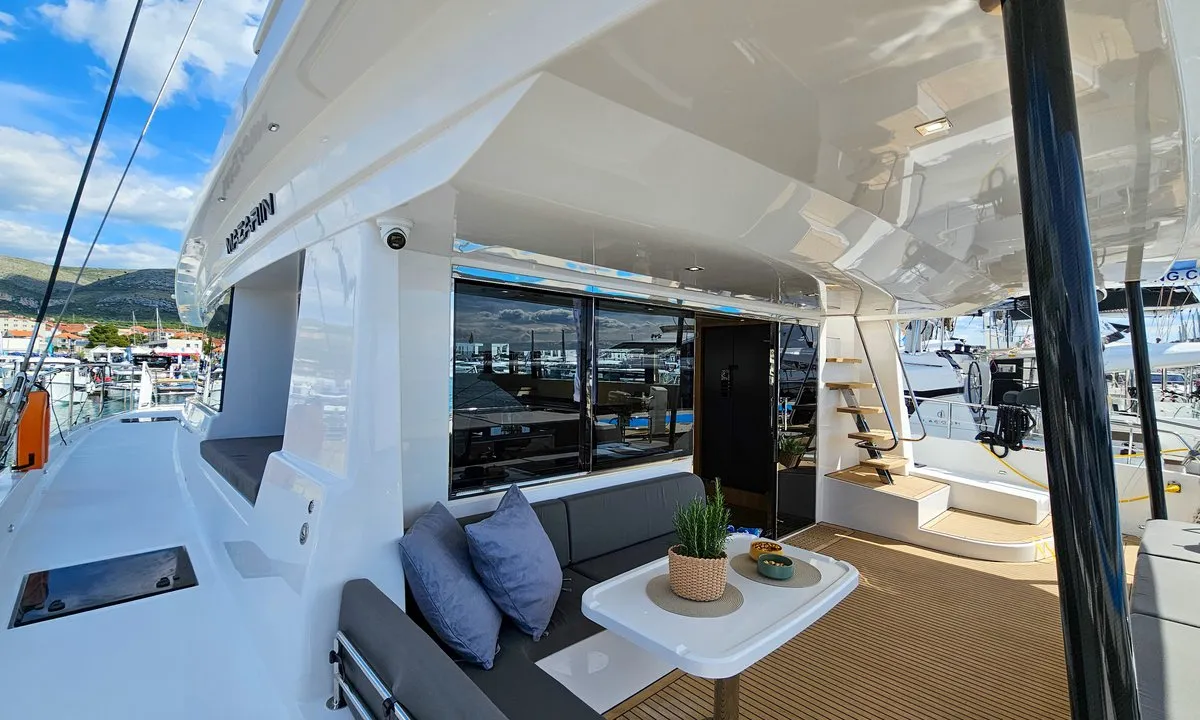 Deck of October, a Mazarin 55 catamaran at Seget Donji, Croatia