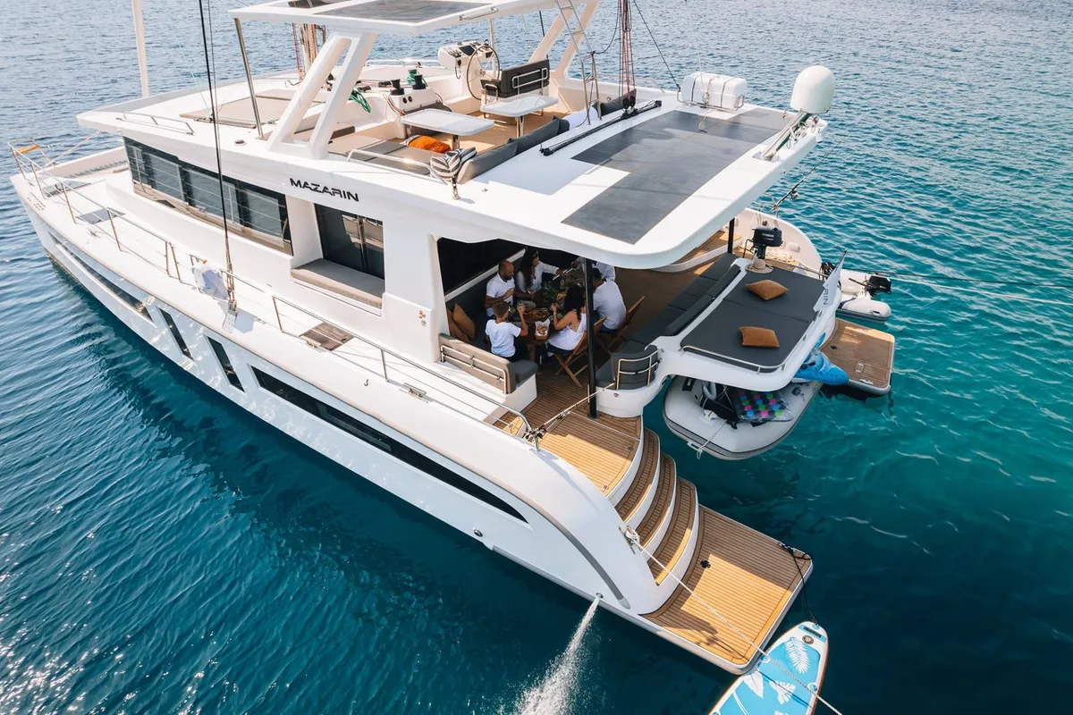 Exterior view of October, a Mazarin 55 catamaran at Seget Donji, Croatia