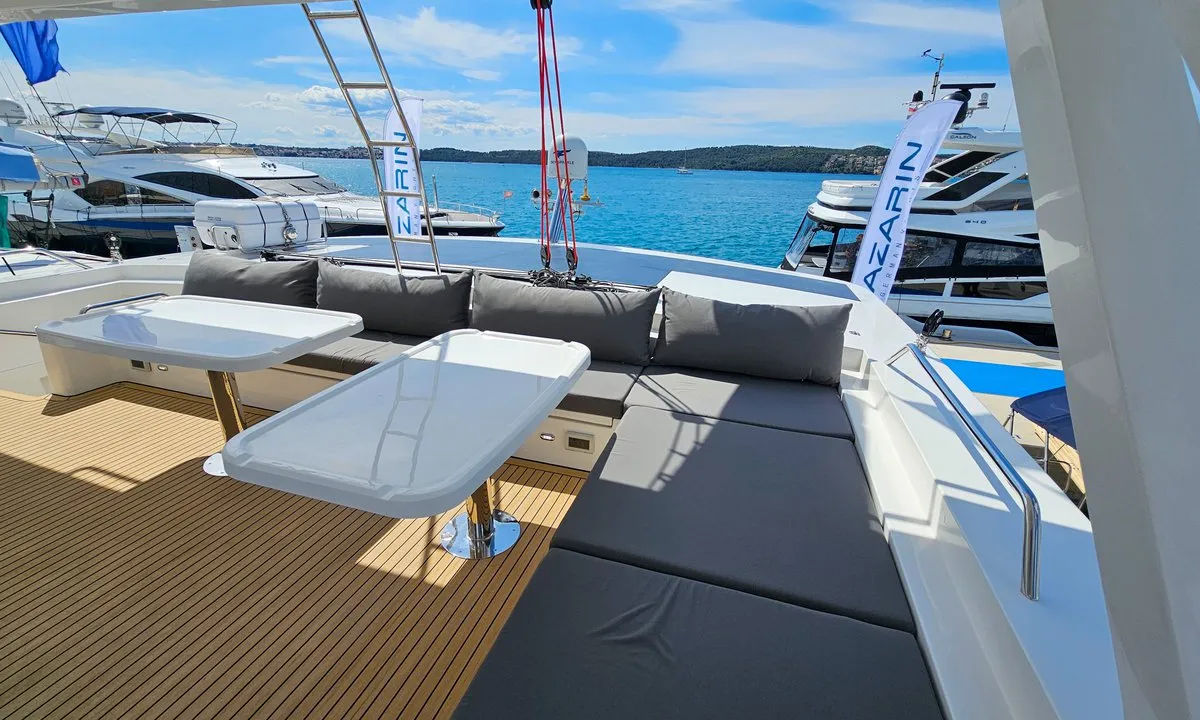 Exterior view of October, a Mazarin 55 catamaran at Seget Donji, Croatia