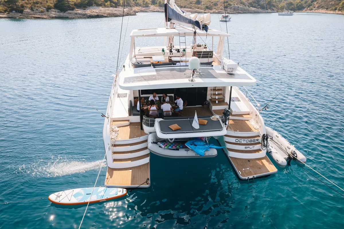 Exterior view of October, a Mazarin 55 catamaran at Seget Donji, Croatia