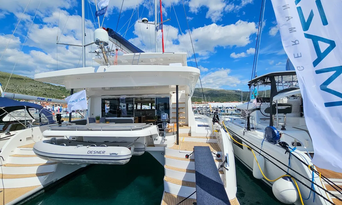 Exterior view of October, a Mazarin 55 catamaran at Seget Donji, Croatia