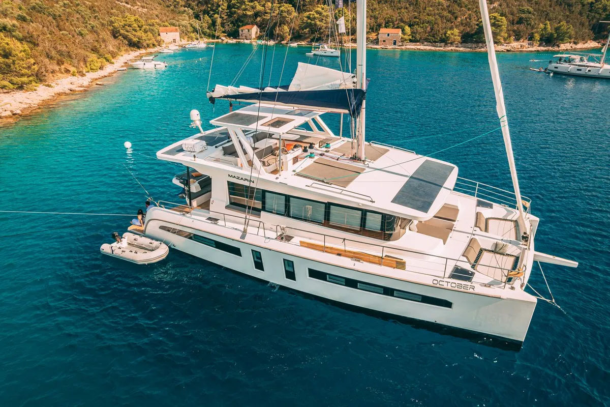 Deck of October, a Mazarin 55 catamaran at Seget Donji, Croatia