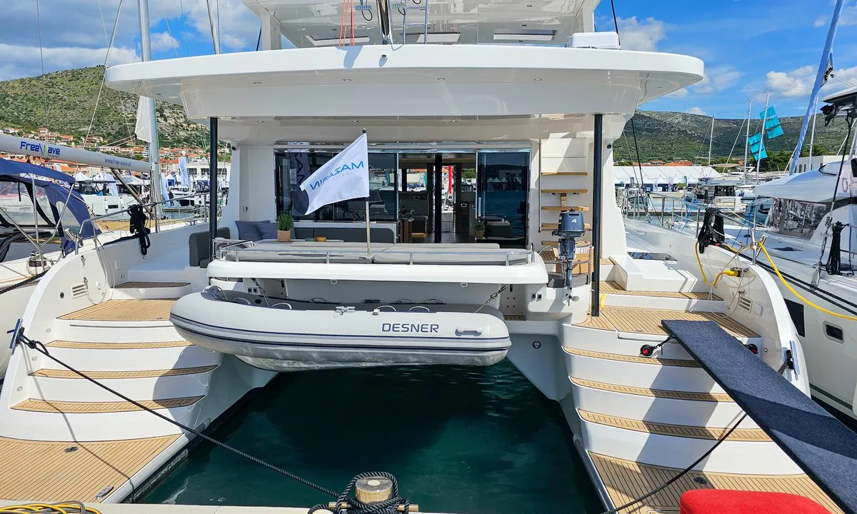 Exterior view of October, a Mazarin 55 catamaran at Seget Donji, Croatia