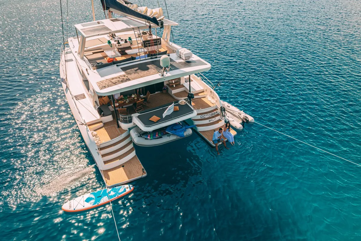 Exterior view of October, a Mazarin 55 catamaran at Seget Donji, Croatia