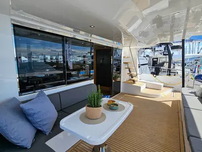 Deck of October, a Mazarin 55 catamaran at Seget Donji, Croatia