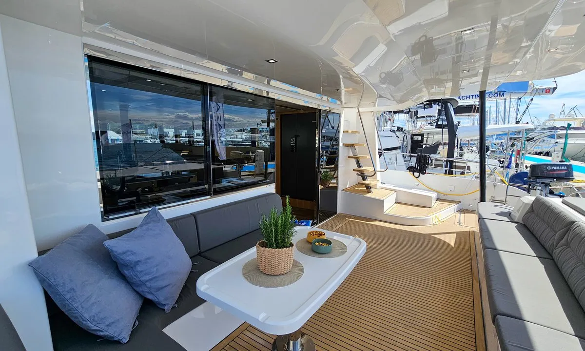 Deck of October, a Mazarin 55 catamaran at Seget Donji, Croatia