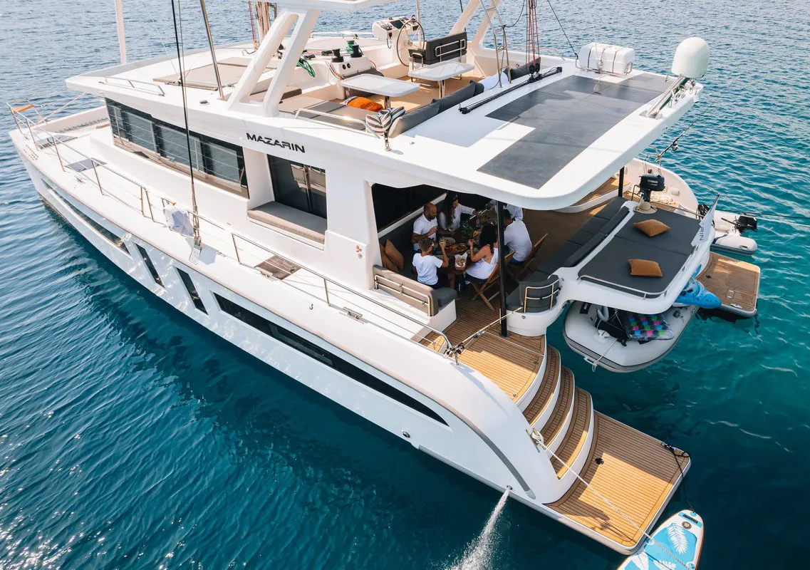 Exterior view of October, a Mazarin 55 catamaran at Seget Donji, Croatia