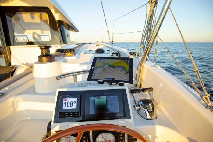 Salon of Team Let's Go, a Excess 11 - 4 + 1 + 1 cab. catamaran at Mytikas, Greece