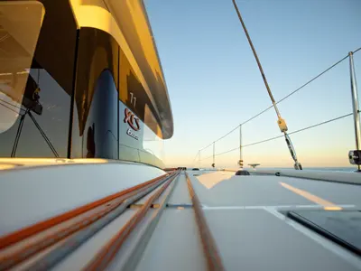 Galley of Team Let's Go, a Excess 11 - 4 + 1 + 1 cab. catamaran at Mytikas, Greece