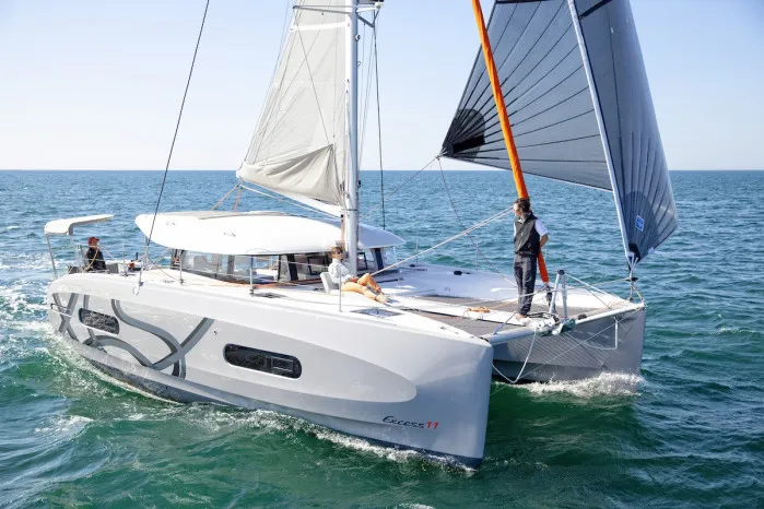 Exterior view of Team Let's Go, a Excess 11 - 4 + 1 + 1 cab. catamaran at Mytikas, Greece