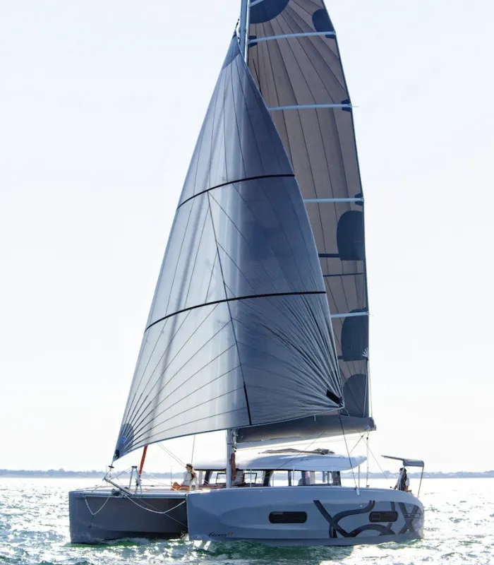 Team Let's Go, a Excess 11 - 4 + 1 + 1 cab. catamaran at Mytikas, Greece