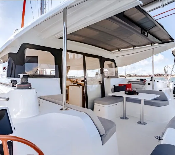 Deck of Team Let's Go, a Excess 11 - 4 + 1 + 1 cab. catamaran at Mytikas, Greece