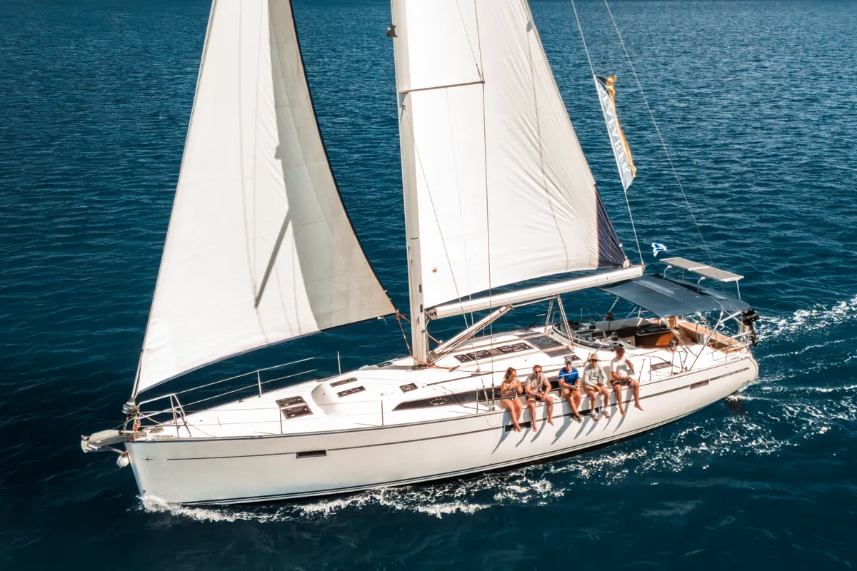 Exterior view of Vivi, a Bavaria 51 Cruiser sailboat at Lefkada, Greece