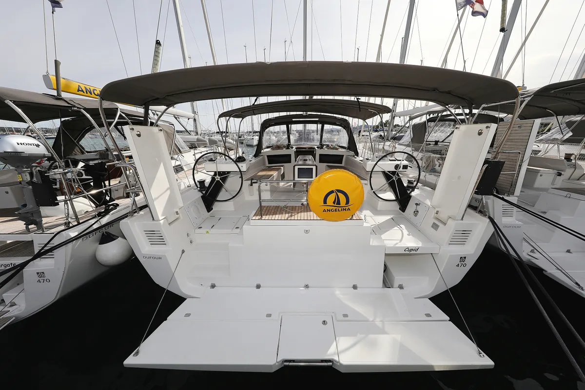 Exterior view of Cupid, a Dufour 470 sailboat at Općina Sukošan, Croatia