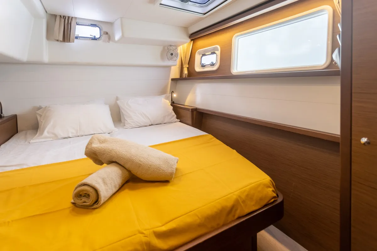 Cabin on MADICON, a Lagoon 450 Fly catamaran at Parikia, Greece