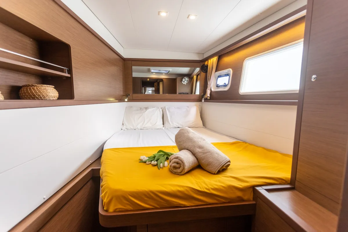 Cabin on MADICON, a Lagoon 450 Fly catamaran at Parikia, Greece