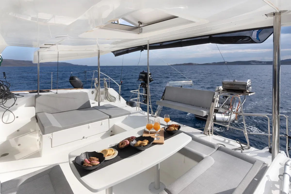 Deck of MADICON, a Lagoon 450 Fly catamaran at Parikia, Greece