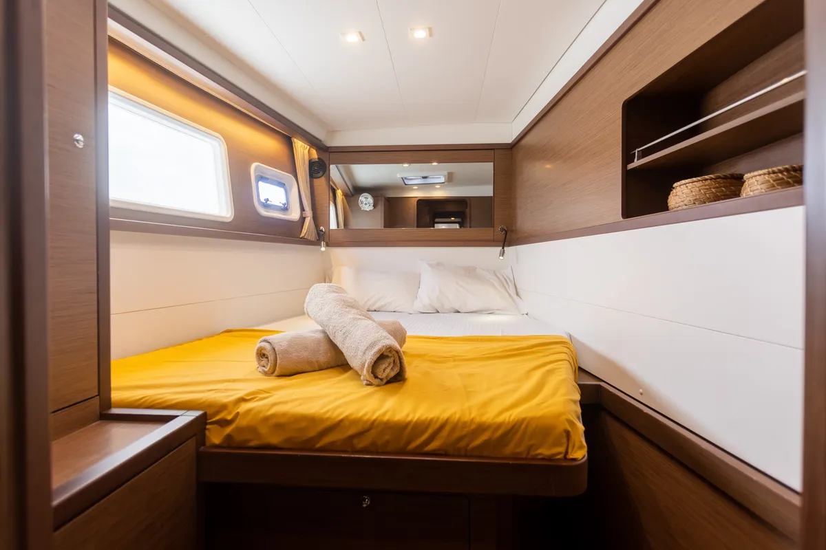 Cabin on MADICON, a Lagoon 450 Fly catamaran at Parikia, Greece