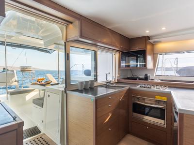 Galley of MADICON, a Lagoon 450 Fly catamaran at Parikia, Greece