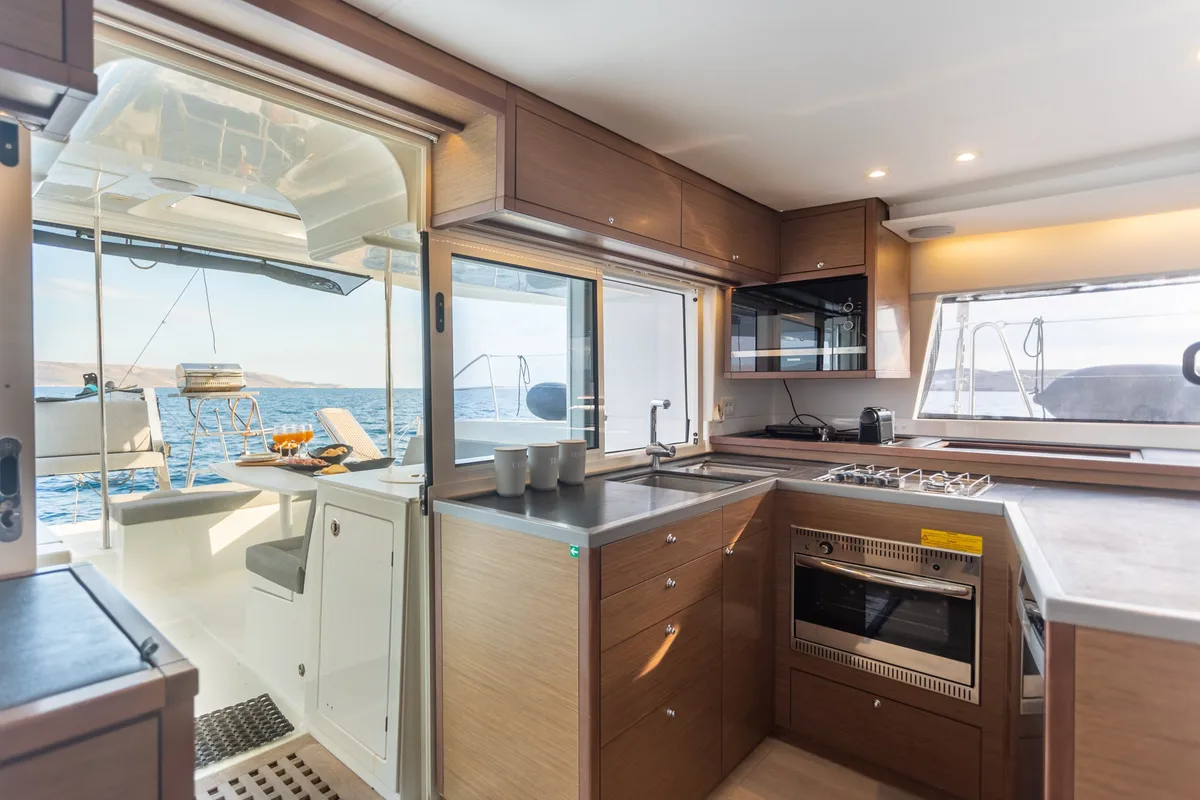 Galley of MADICON, a Lagoon 450 Fly catamaran at Parikia, Greece