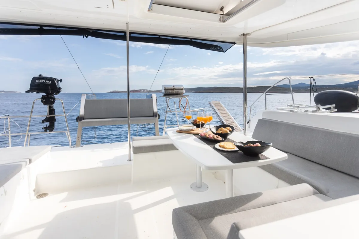 Deck of MADICON, a Lagoon 450 Fly catamaran at Parikia, Greece