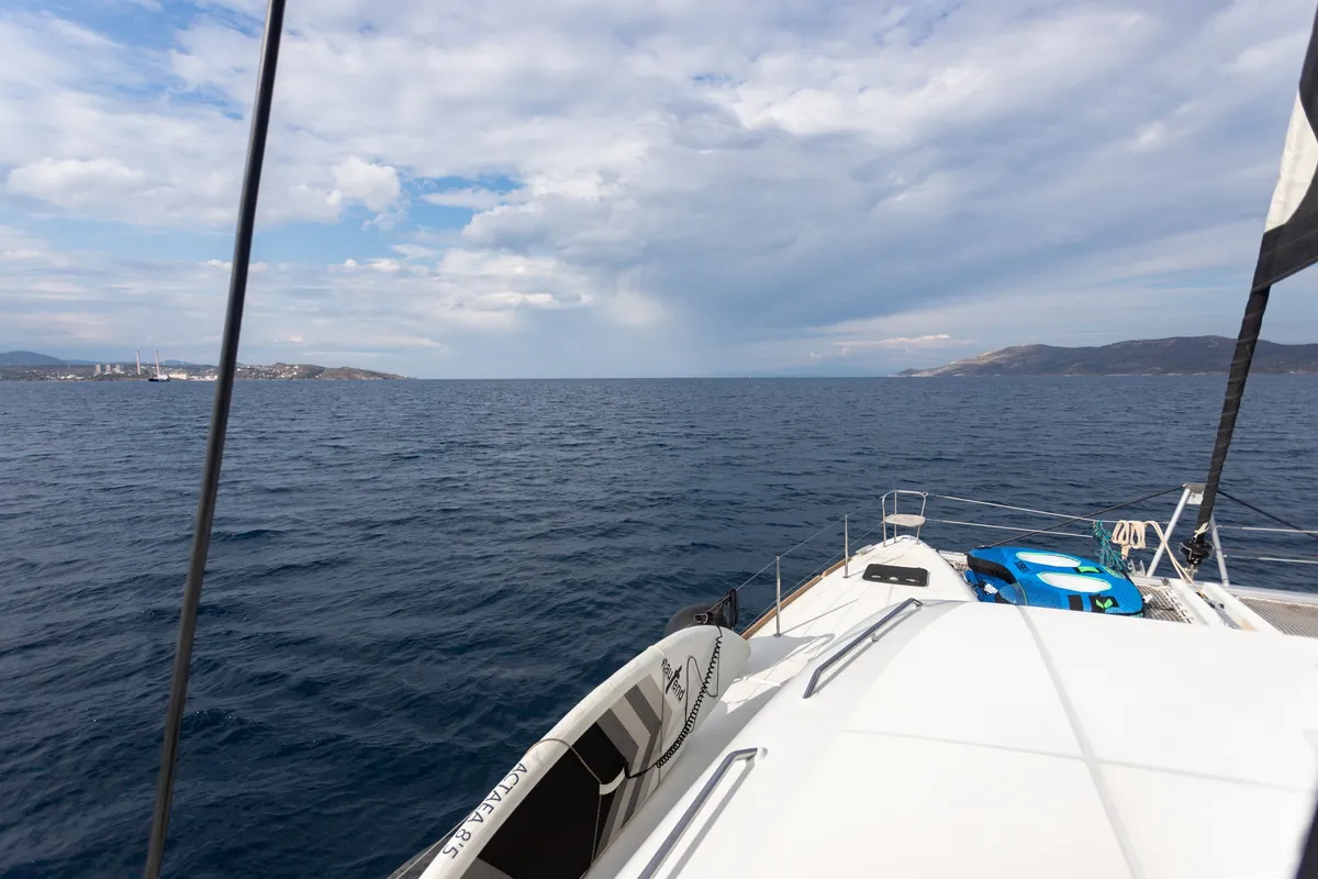 Deck of MADICON, a Lagoon 450 Fly catamaran at Parikia, Greece