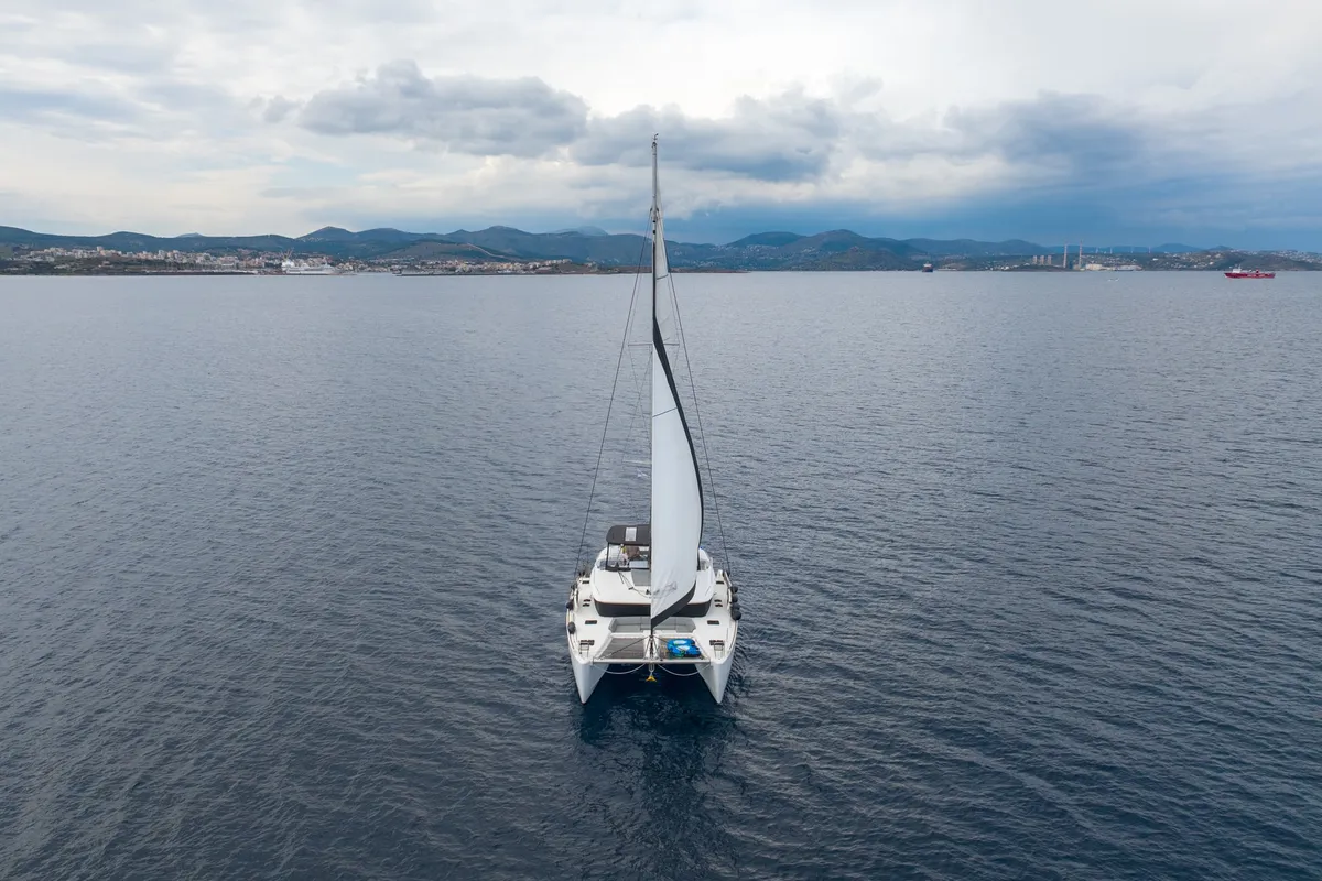 Exterior view of MADICON, a Lagoon 450 Fly catamaran at Parikia, Greece