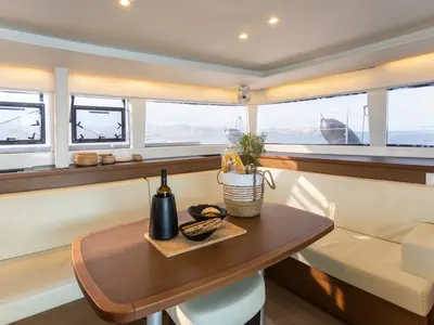 Salon of MADICON, a Lagoon 450 Fly catamaran at Parikia, Greece