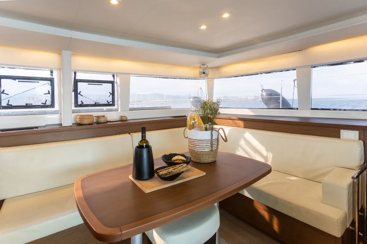 Salon of MADICON, a Lagoon 450 Fly catamaran at Parikia, Greece