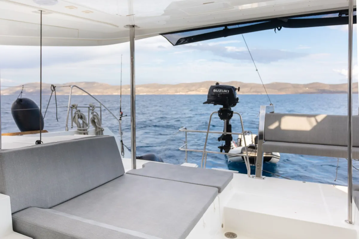 Deck of MADICON, a Lagoon 450 Fly catamaran at Parikia, Greece